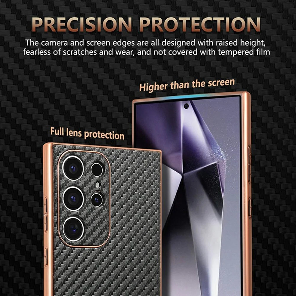 AZNS For Samsung Galaxy S23 Ultra Case Electroplating Carbon Fiber Texture PU + TPU Phone Cover - Black - 6