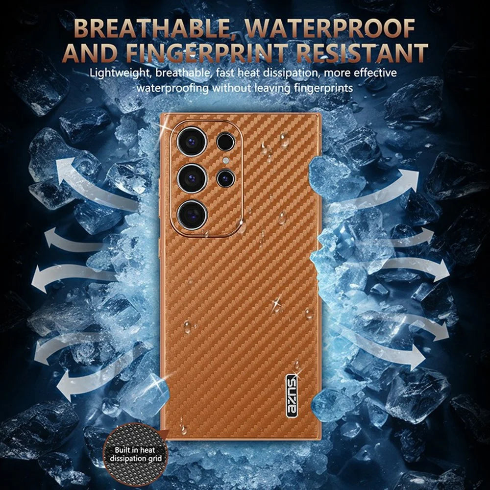AZNS For Samsung Galaxy S23 Ultra Case Electroplating Carbon Fiber Texture PU + TPU Phone Cover - Black - 7