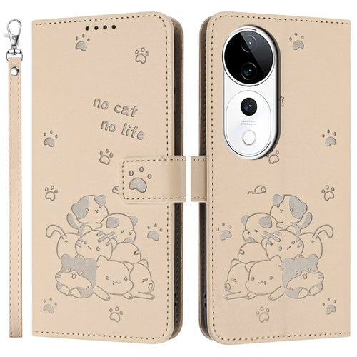 Phone Case for vivo T3 Ultra 5G / V40 5G / V40 Pro 5G / S19 Pro 5G Cats Imprint Leather Wallet Cover with Strap - Beige - 1