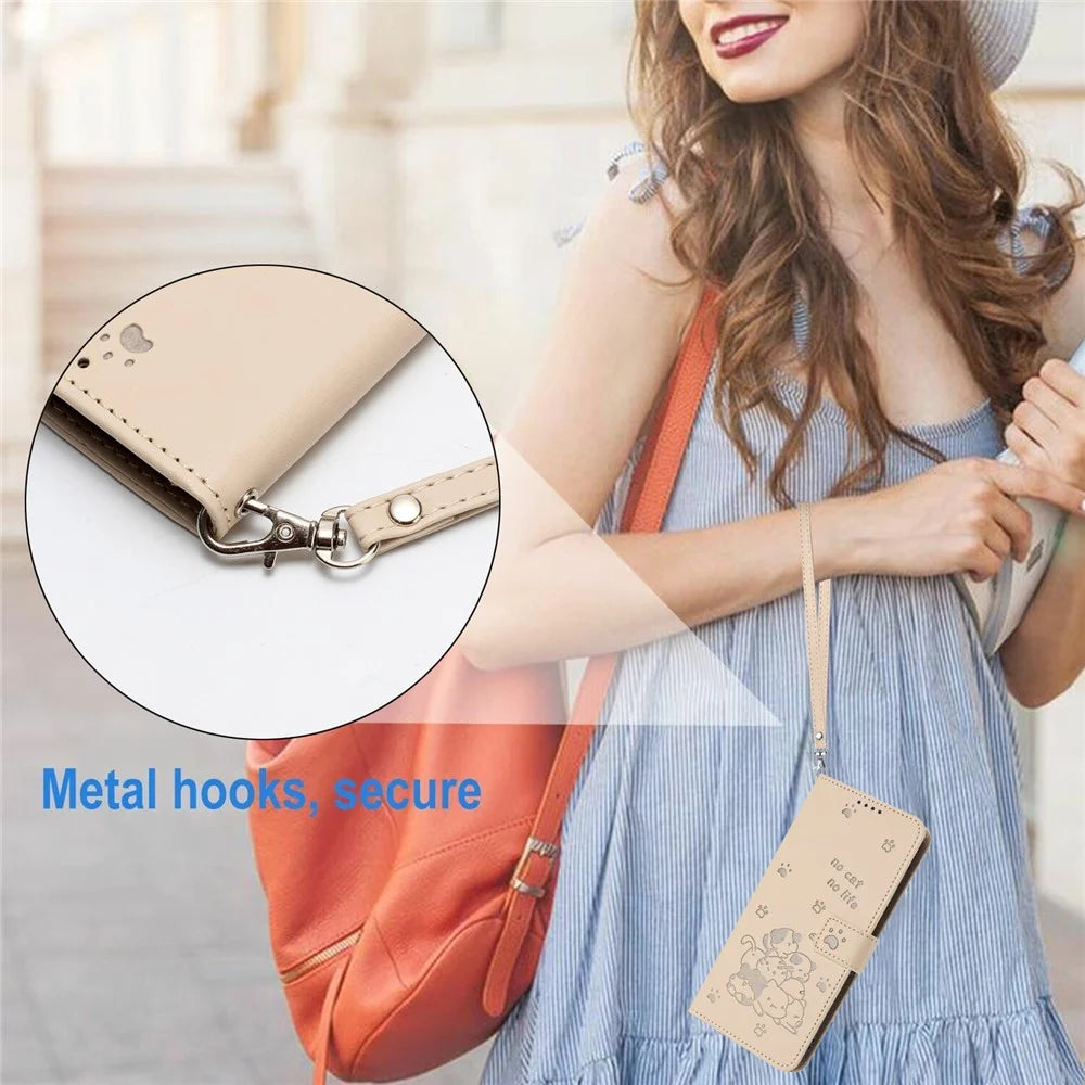 Phone Case for vivo T3 Ultra 5G / V40 5G / V40 Pro 5G / S19 Pro 5G Cats Imprint Leather Wallet Cover with Strap - Beige - 5