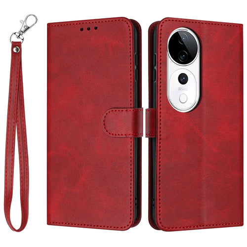 PU Leather Case For vivo V40 5G  /  V40 Pro 5G  /  T3 Ultra 5G  /  S19 Pro 5G Flip Stand Wallet Phone Cover Calf Texture - Red - 1