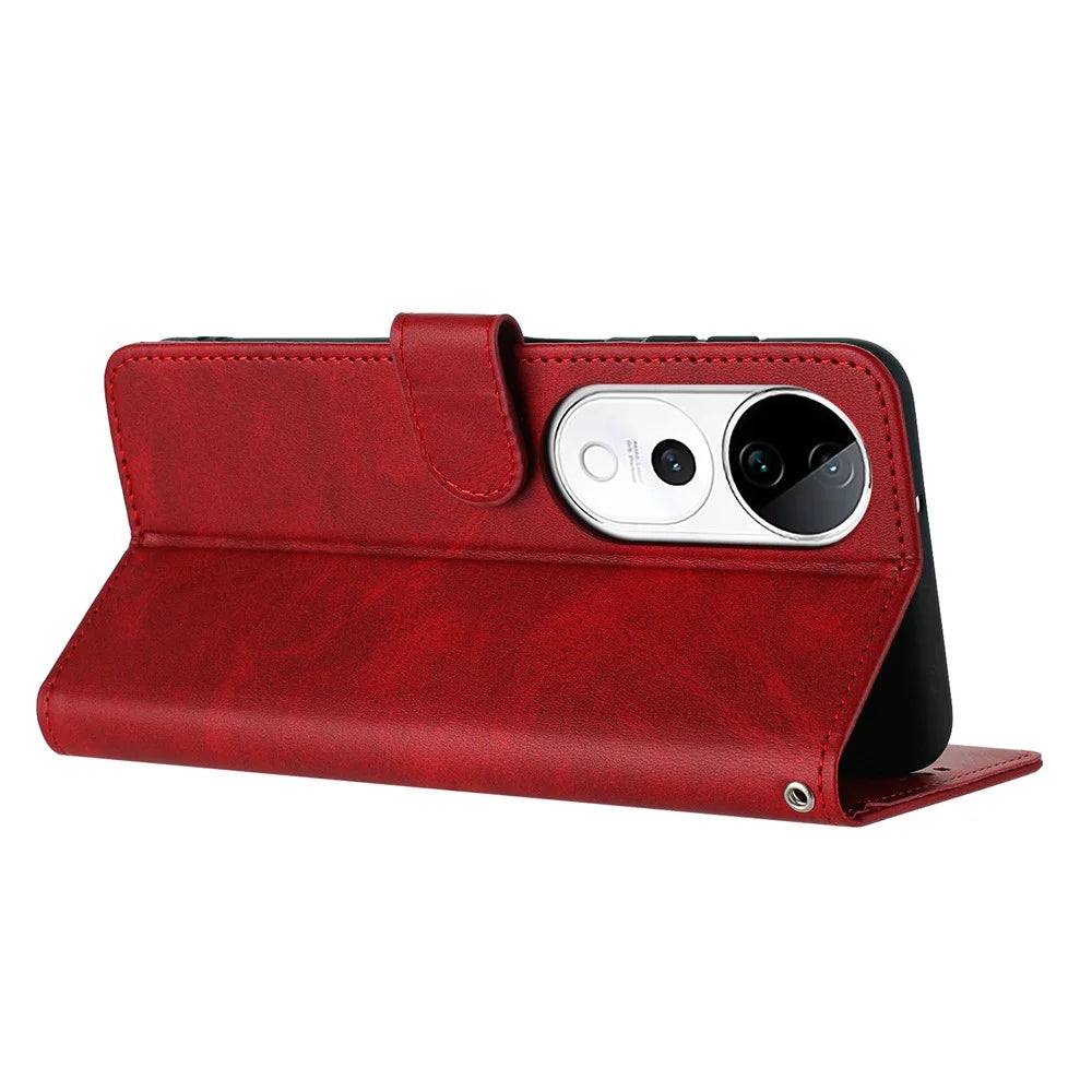 PU Leather Case For vivo V40 5G  /  V40 Pro 5G  /  T3 Ultra 5G  /  S19 Pro 5G Flip Stand Wallet Phone Cover Calf Texture - Red - 3