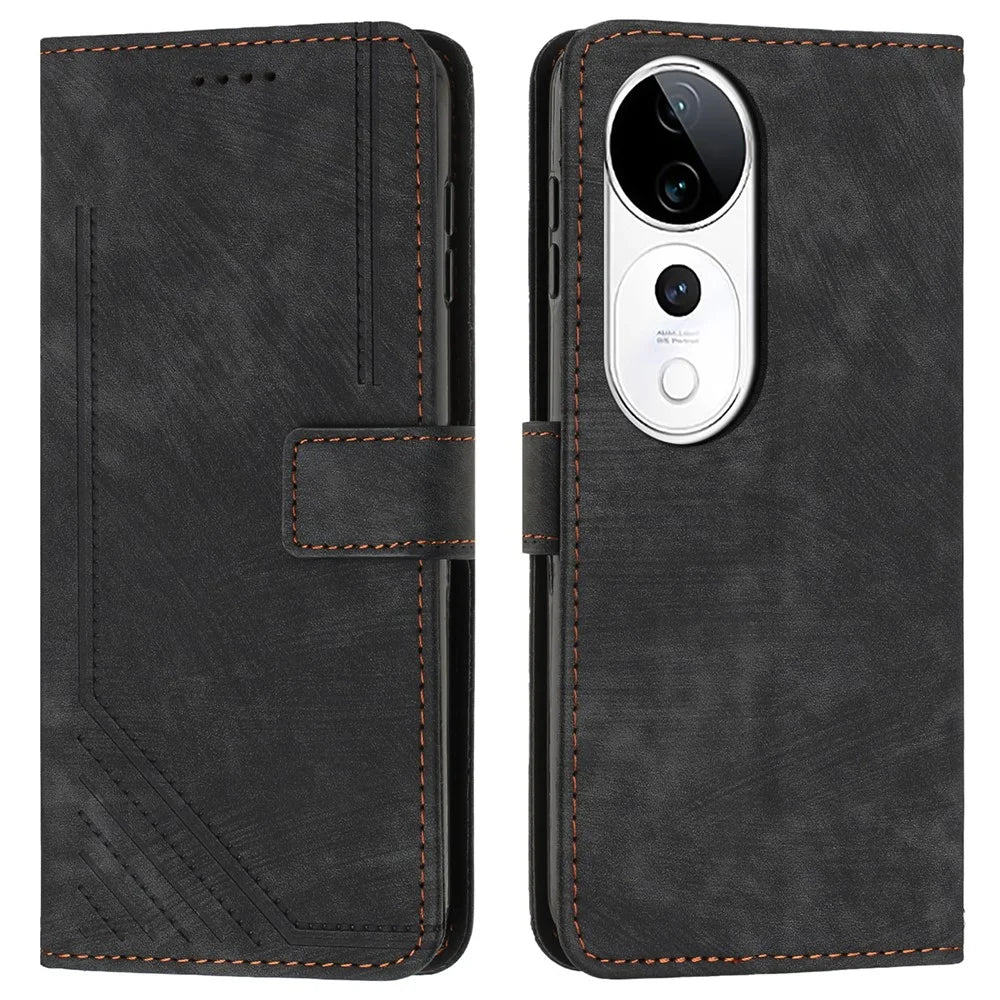 Leather Case For vivo V40 5G  /  V40 Pro 5G  /  T3 Ultra 5G  /  S19 Pro 5G Imprinted Lines Phone Cover Folding Stand - Black - 1