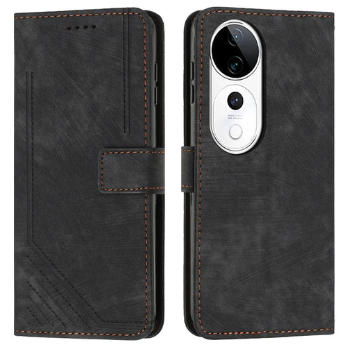 Leather Case For vivo V40 5G  /  V40 Pro 5G  /  T3 Ultra 5G  /  S19 Pro 5G Imprinted Lines Phone Cover Folding Stand - Black - 1