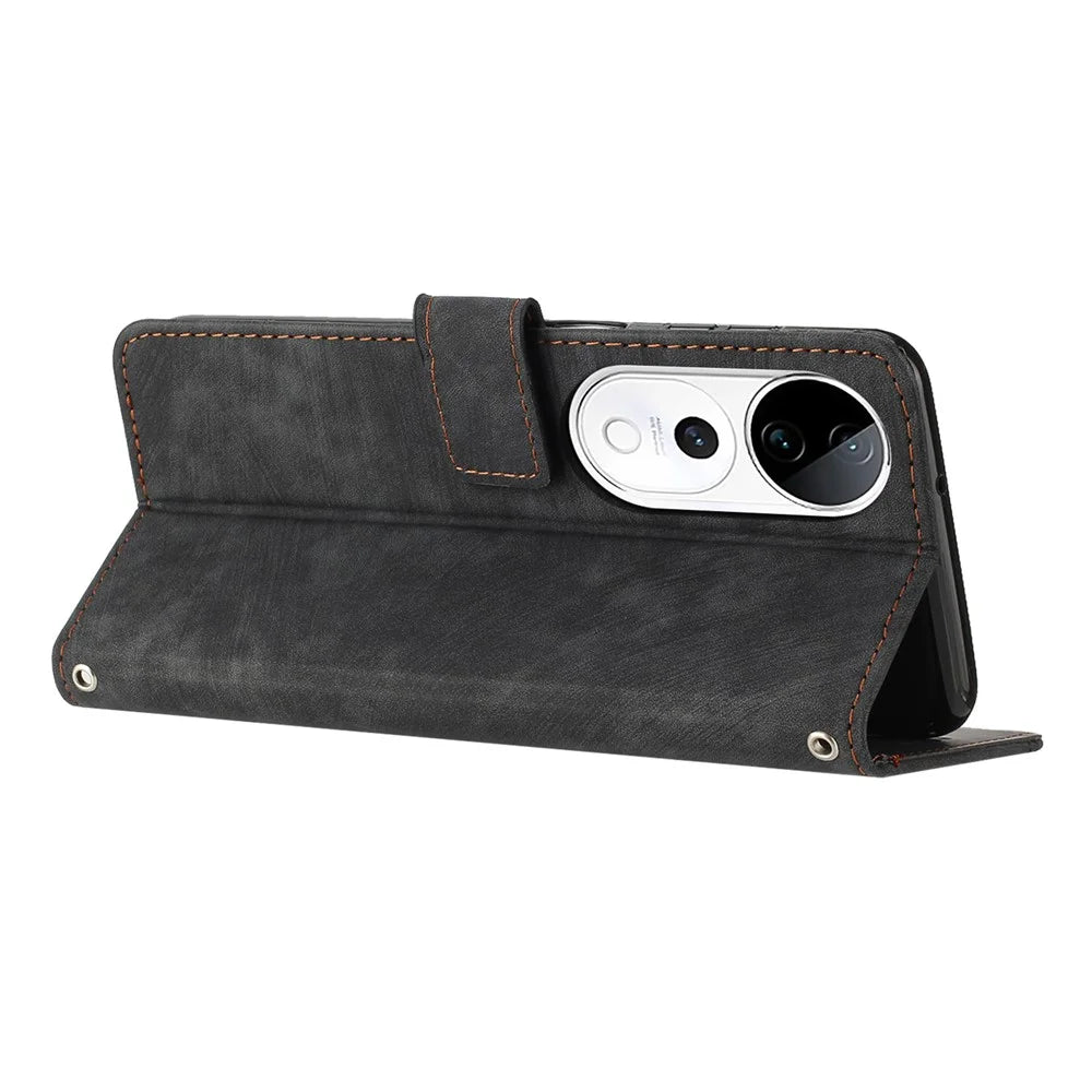 Leather Case For vivo V40 5G  /  V40 Pro 5G  /  T3 Ultra 5G  /  S19 Pro 5G Imprinted Lines Phone Cover Folding Stand - Black - 3