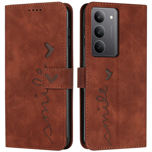 For Realme C75 4G / V60 Pro 5G Case Viewing Stand PU Leather Phone Cover Imprinted Heart Pattern - Brown - 1