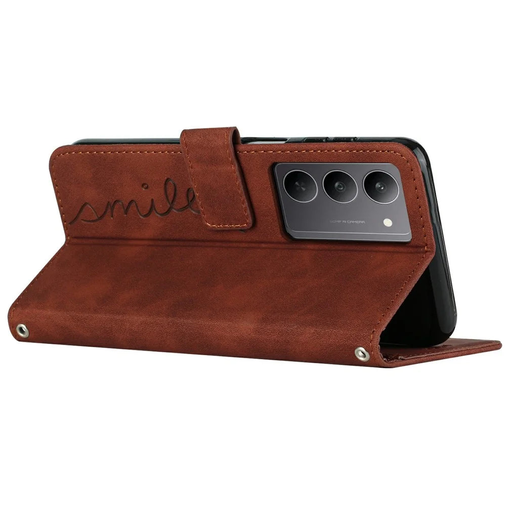 For Realme C75 4G / V60 Pro 5G Case Viewing Stand PU Leather Phone Cover Imprinted Heart Pattern - Brown - 3