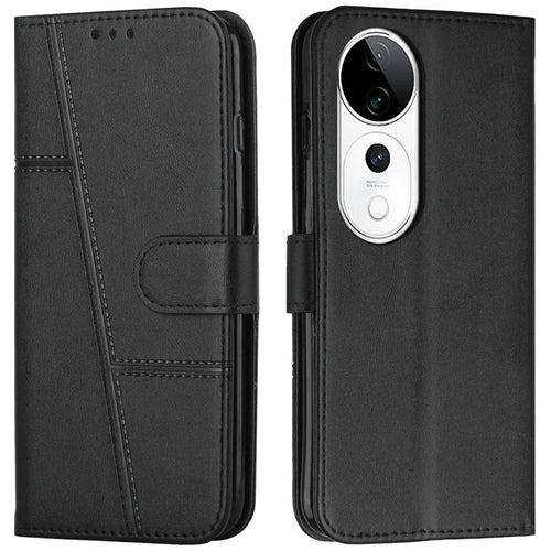 Leather Phone Case for vivo T3 Ultra 5G / V40 5G / V40 Pro 5G / S19 Pro 5G Stand Flip Protective Cover - Black - 1