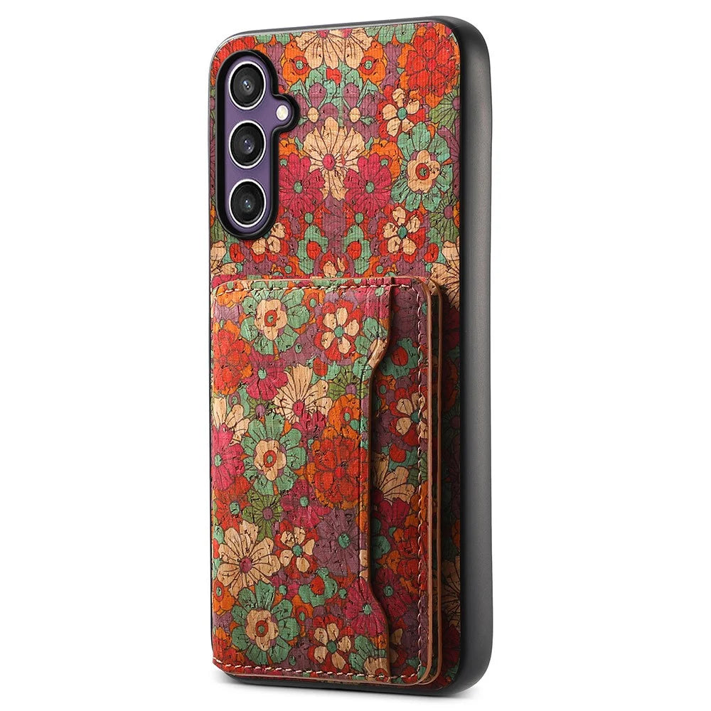 For Samsung Galaxy S25 Case Flower Print Leather + PC + TPU Cover with Card Holder Kickstand - Summer / Red - 1