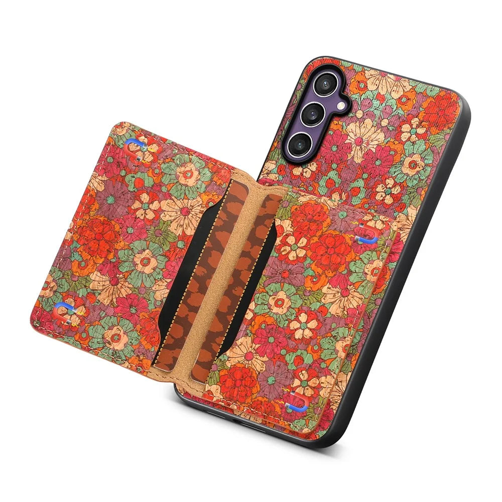 For Samsung Galaxy S25 Case Flower Print Leather + PC + TPU Cover with Card Holder Kickstand - Summer / Red - 2