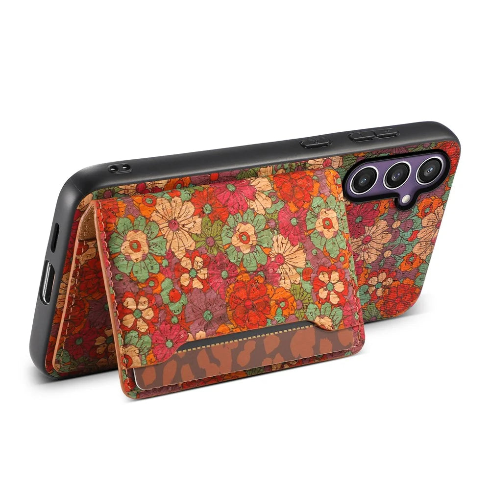 For Samsung Galaxy S25 Case Flower Print Leather + PC + TPU Cover with Card Holder Kickstand - Summer / Red - 3