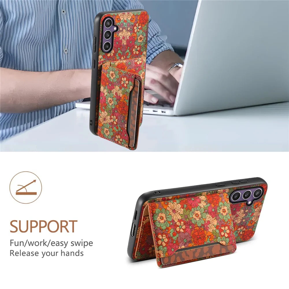 For Samsung Galaxy S25 Case Flower Print Leather + PC + TPU Cover with Card Holder Kickstand - Summer / Red - 5