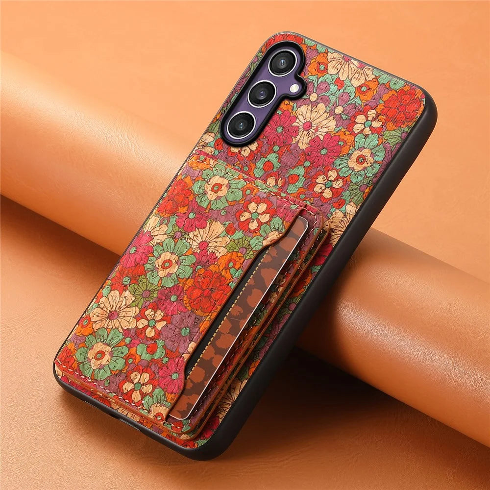 For Samsung Galaxy S25 Case Flower Print Leather + PC + TPU Cover with Card Holder Kickstand - Summer / Red - 6