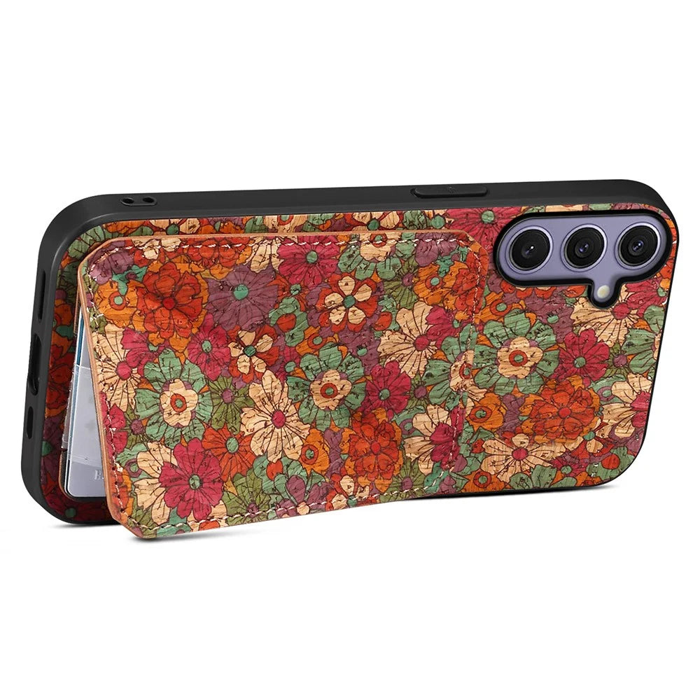 For Samsung Galaxy S25+ Case with Card Holder Kickstand Flowers Design Leather Phone Cover - Summer  /  Red - 3
