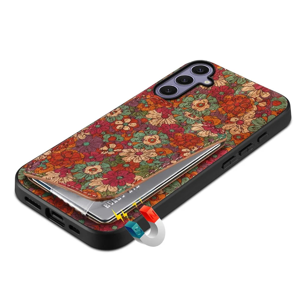 For Samsung Galaxy S25+ Case with Card Holder Kickstand Flowers Design Leather Phone Cover - Summer  /  Red - 4