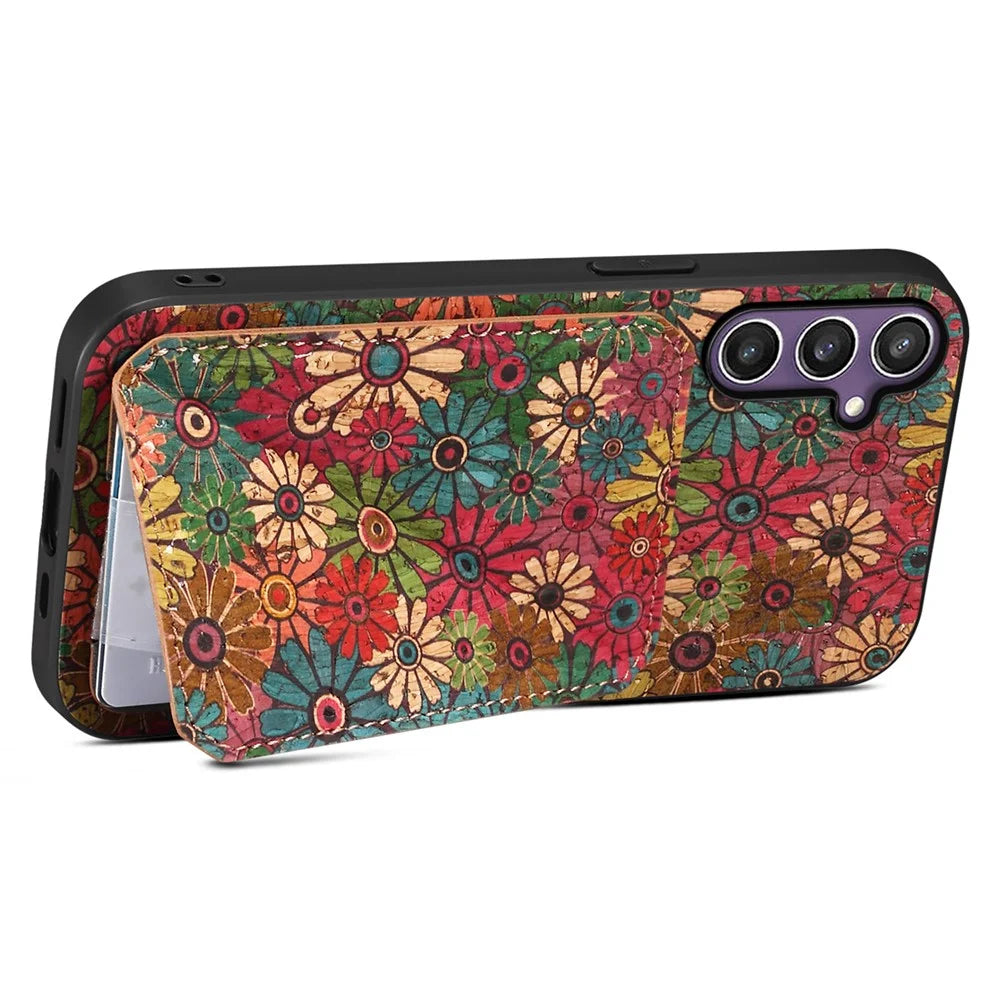 For Samsung Galaxy S25 Case with Card Holder Kickstand Flowers Design Leather Phone Cover - Spring  /  Green - 3