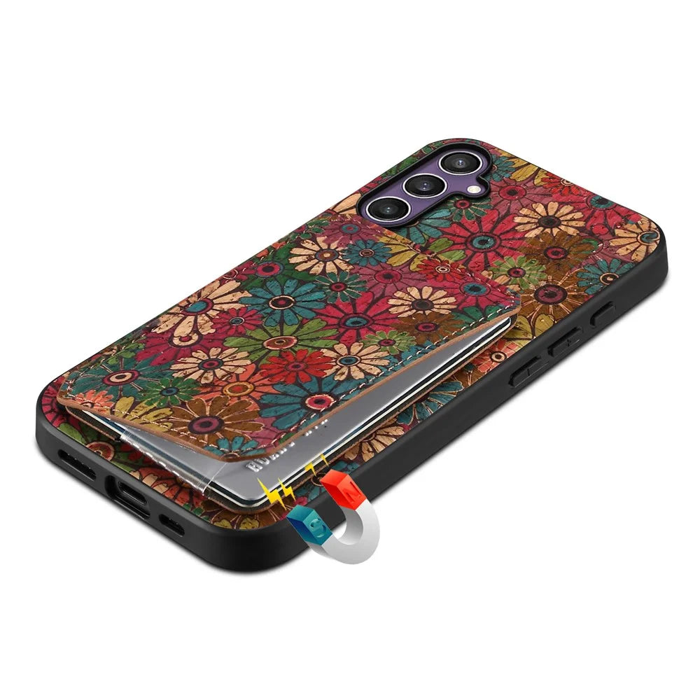 For Samsung Galaxy S25 Case with Card Holder Kickstand Flowers Design Leather Phone Cover - Spring  /  Green - 4