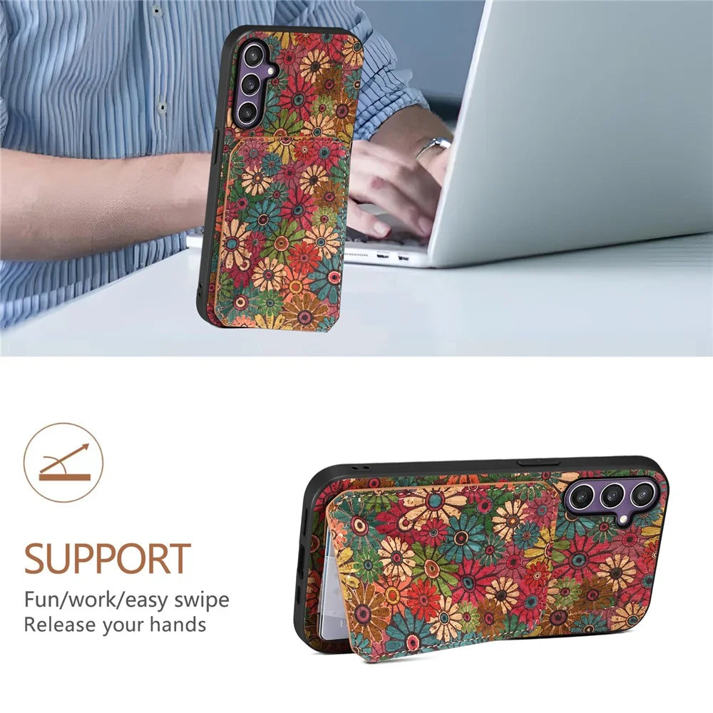 For Samsung Galaxy S25 Case with Card Holder Kickstand Flowers Design Leather Phone Cover - Spring  /  Green - 5