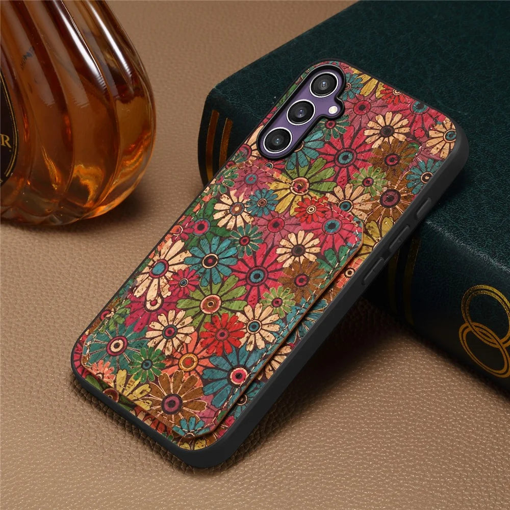 For Samsung Galaxy S25 Case with Card Holder Kickstand Flowers Design Leather Phone Cover - Spring  /  Green - 6
