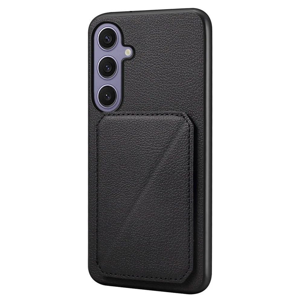 For Samsung Galaxy S25+ Case Card Holder Kickstand Calf Textured Leather + PC + TPU Phone Cover - Black - 1