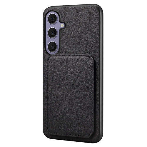 For Samsung Galaxy S25+ Case Card Holder Kickstand Calf Textured Leather + PC + TPU Phone Cover - Black - 1
