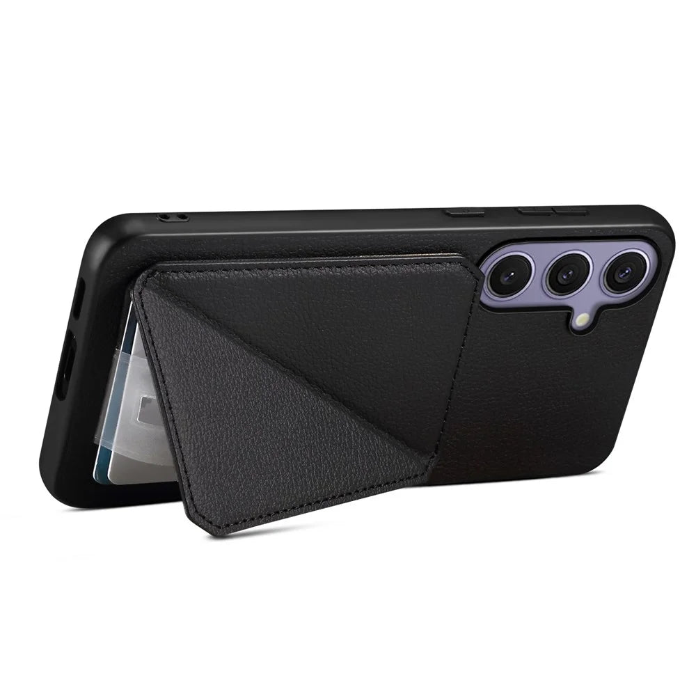 For Samsung Galaxy S25+ Case Card Holder Kickstand Calf Textured Leather + PC + TPU Phone Cover - Black - 2