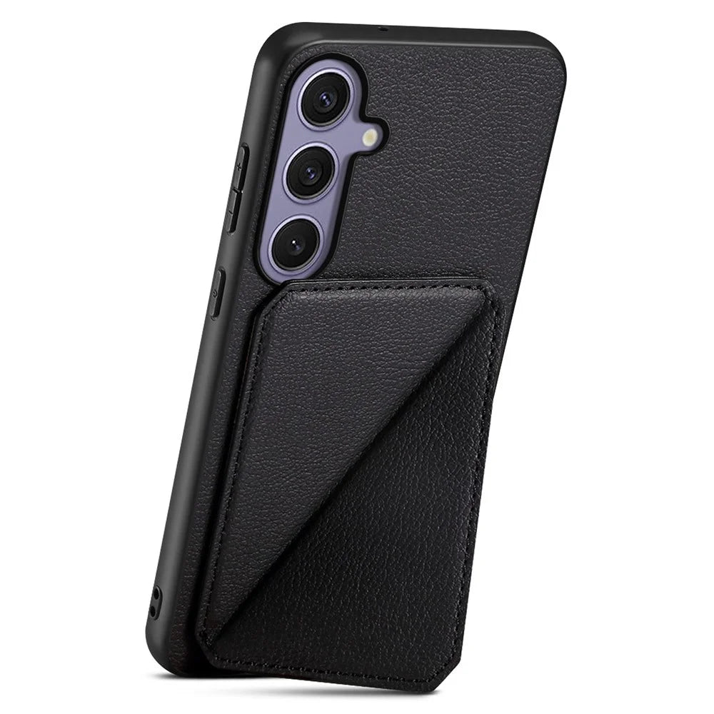 For Samsung Galaxy S25+ Case Card Holder Kickstand Calf Textured Leather + PC + TPU Phone Cover - Black - 3