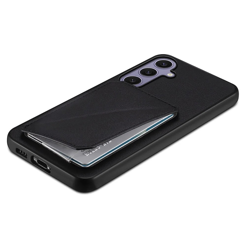 For Samsung Galaxy S25+ Case Card Holder Kickstand Calf Textured Leather + PC + TPU Phone Cover - Black - 4