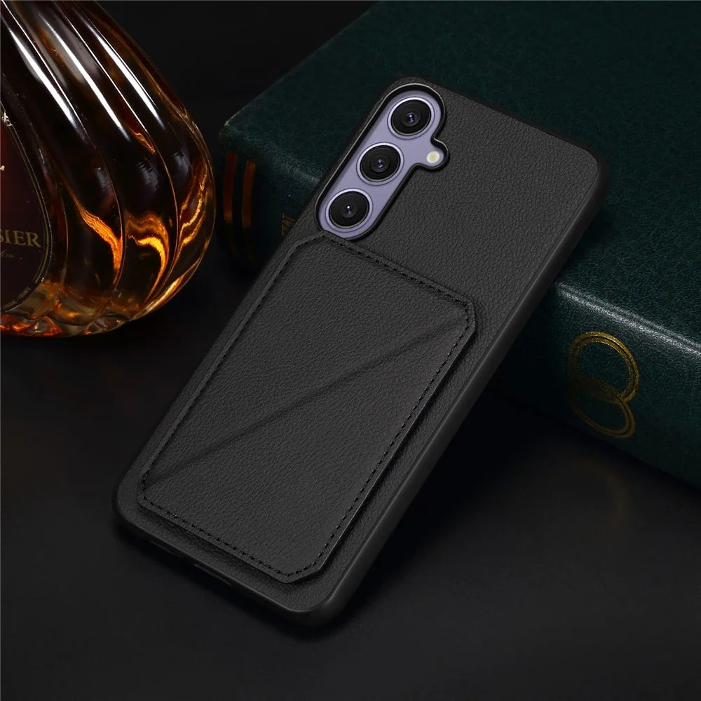 For Samsung Galaxy S25+ Case Card Holder Kickstand Calf Textured Leather + PC + TPU Phone Cover - Black - 5