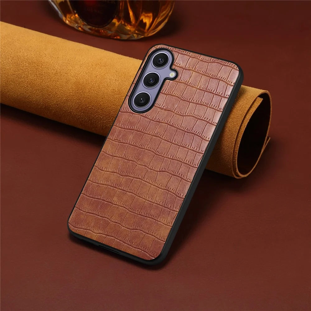For Samsung Galaxy S25+ Case Crocodile Texture Design Leather Slim Back Cover - Brown - 4
