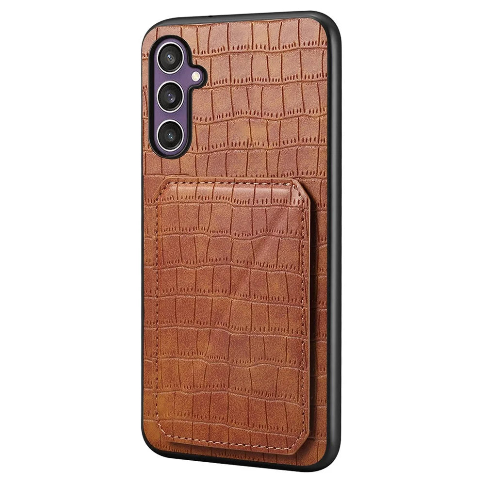 For Samsung Galaxy S25 Case with Card Holder Leather + PC + TPU Crocodile Textured Back Cover - Brown - 1