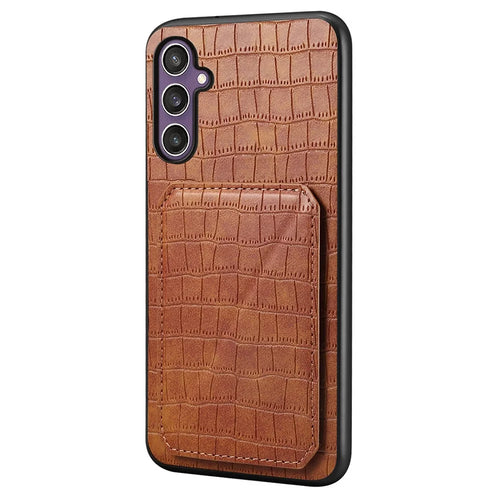 For Samsung Galaxy S25 Case with Card Holder Leather + PC + TPU Crocodile Textured Back Cover - Brown - 1