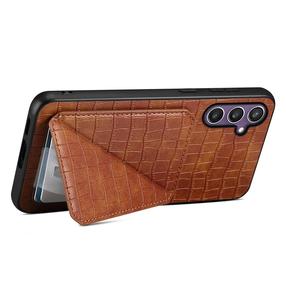 For Samsung Galaxy S25 Case with Card Holder Leather + PC + TPU Crocodile Textured Back Cover - Brown - 2