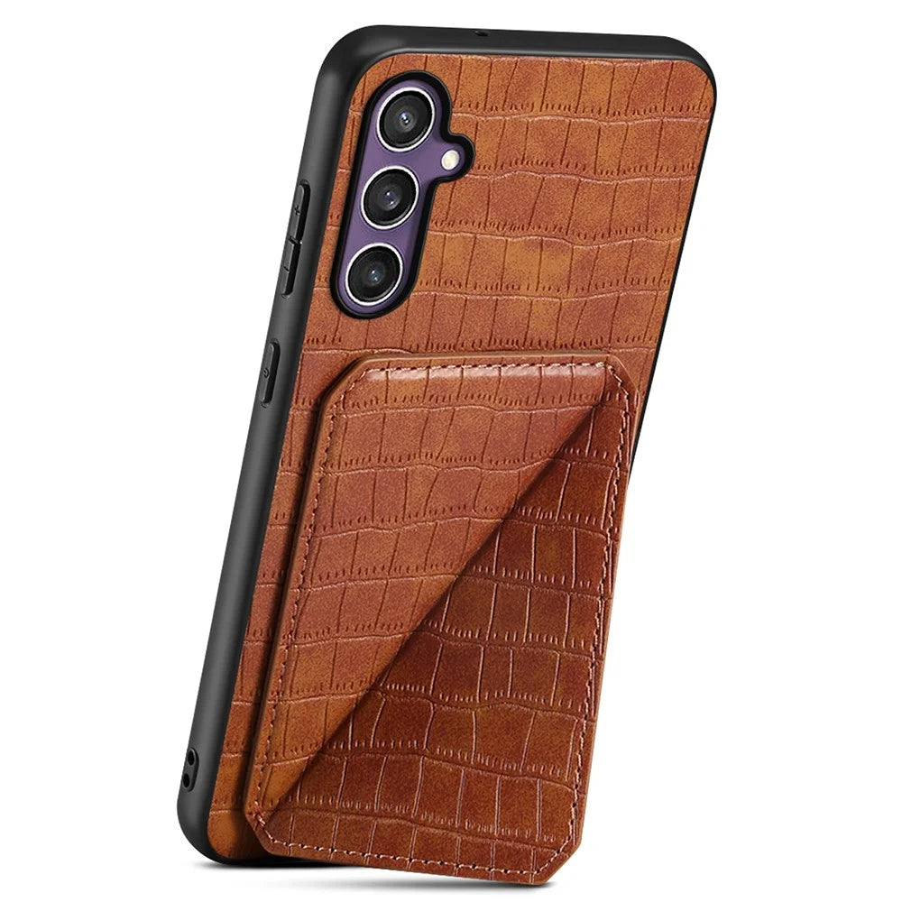 For Samsung Galaxy S25 Case with Card Holder Leather + PC + TPU Crocodile Textured Back Cover - Brown - 3