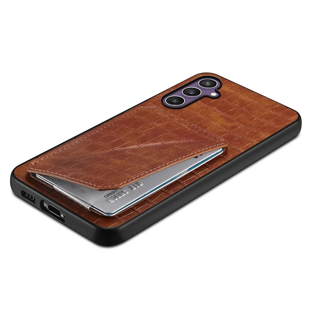 For Samsung Galaxy S25 Case with Card Holder Leather + PC + TPU Crocodile Textured Back Cover - Brown - 4