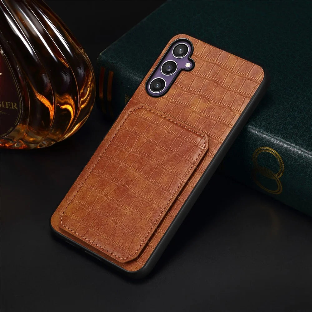 For Samsung Galaxy S25 Case with Card Holder Leather + PC + TPU Crocodile Textured Back Cover - Brown - 6