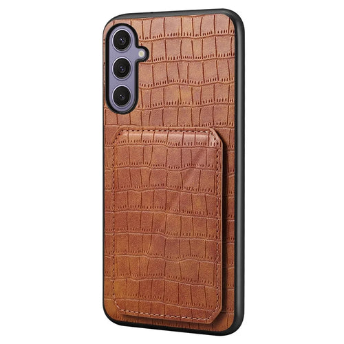 For Samsung Galaxy S25+ Case with Card Holder Leather + PC + TPU Crocodile Textured Back Cover - Brown - 1