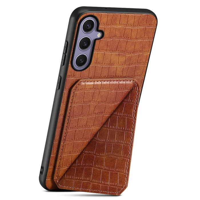 For Samsung Galaxy S25+ Case with Card Holder Leather + PC + TPU Crocodile Textured Back Cover - Brown - 3