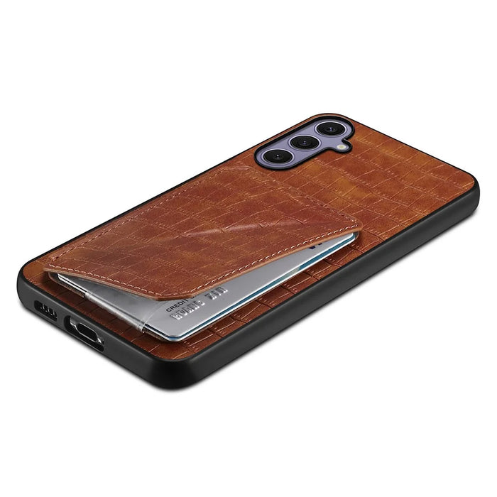 For Samsung Galaxy S25+ Case with Card Holder Leather + PC + TPU Crocodile Textured Back Cover - Brown - 4