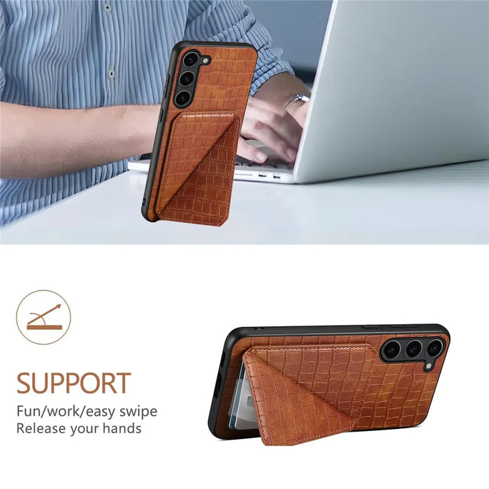 For Samsung Galaxy S25+ Case with Card Holder Leather + PC + TPU Crocodile Textured Back Cover - Brown - 5