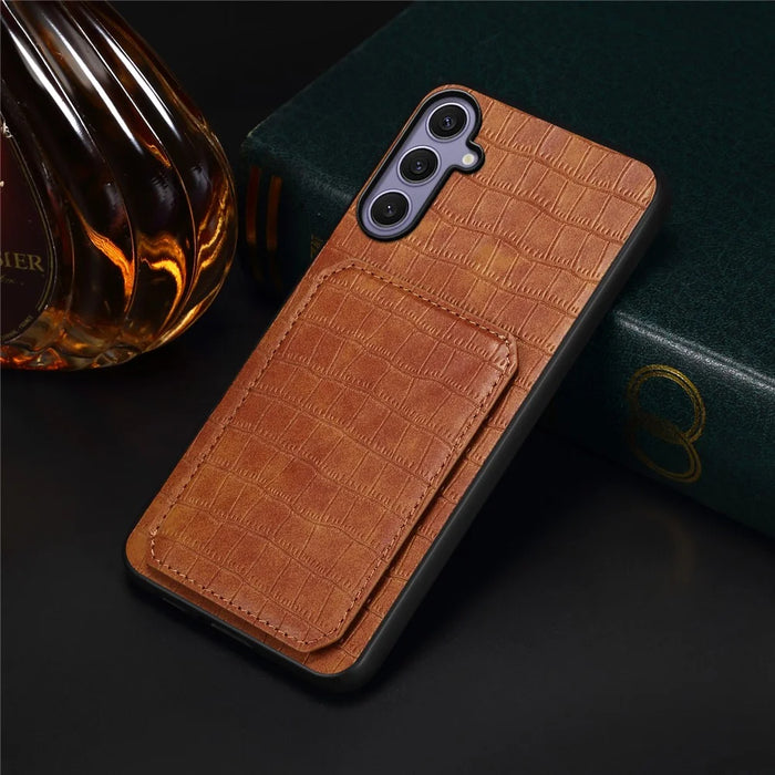 For Samsung Galaxy S25+ Case with Card Holder Leather + PC + TPU Crocodile Textured Back Cover - Brown - 6