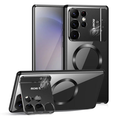 For Samsung Galaxy S25 Ultra Magnetic Case Kickstand Alloy + Acrylic Phone Cover with Aromatherapy Tablet - Black - 1