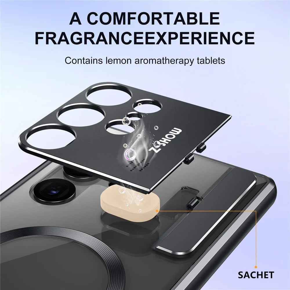 For Samsung Galaxy S25 Ultra Magnetic Case Kickstand Alloy + Acrylic Phone Cover with Aromatherapy Tablet - Black - 3