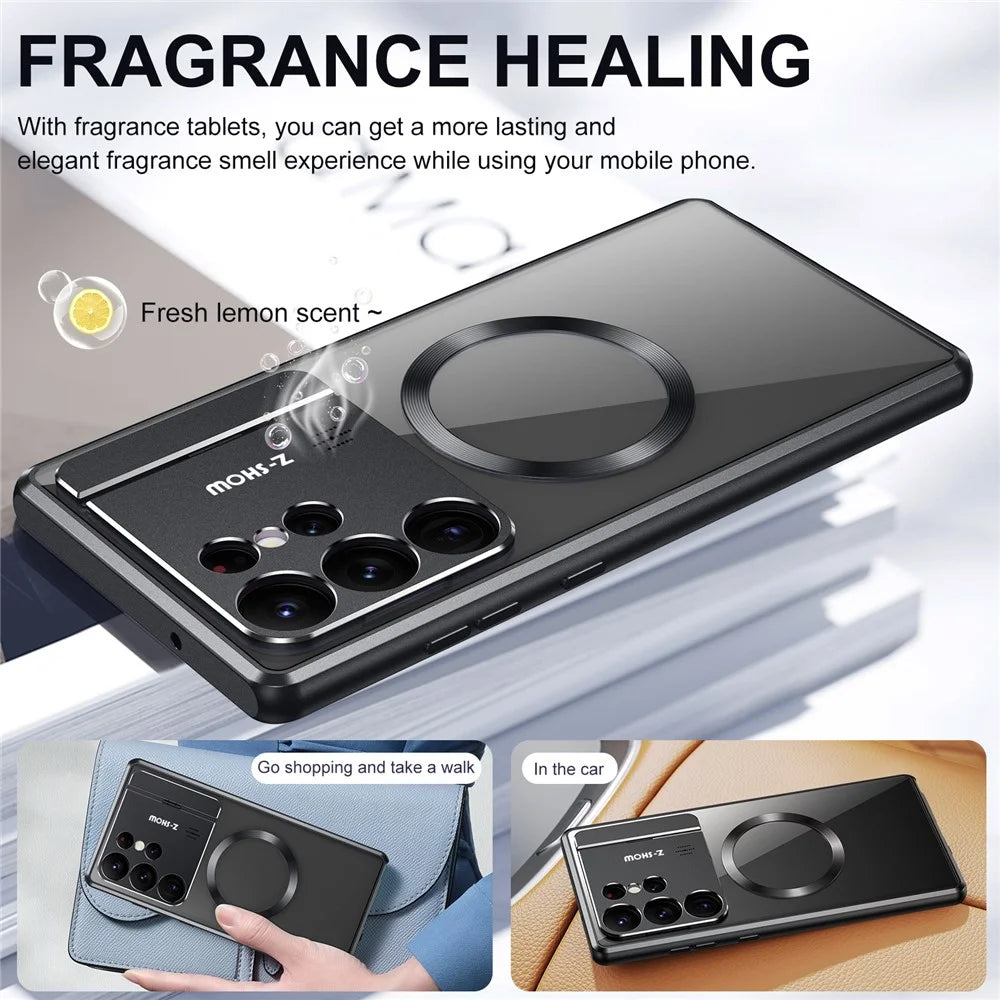 For Samsung Galaxy S25 Ultra Magnetic Case Kickstand Alloy + Acrylic Phone Cover with Aromatherapy Tablet - Black - 4