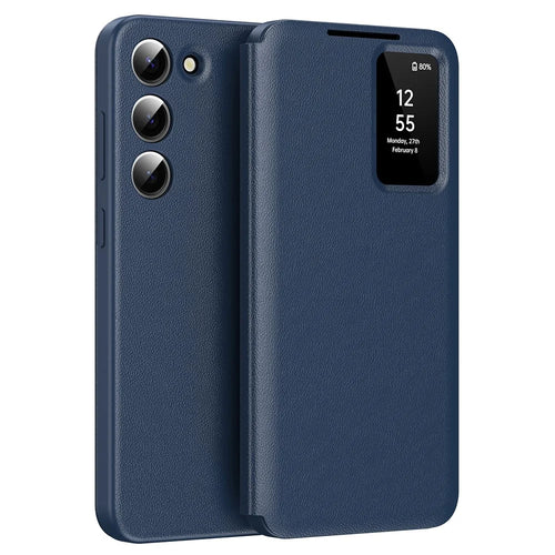 For Samsung Galaxy S23+ Case Leather Phone Cover with View Window Card Slot - Sapphire - 1