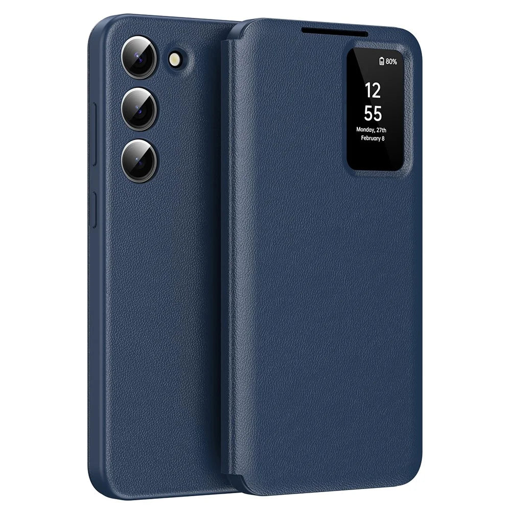 For Samsung Galaxy S22 5G Case Leather Phone Cover with View Window Card Slot - Sapphire - 1