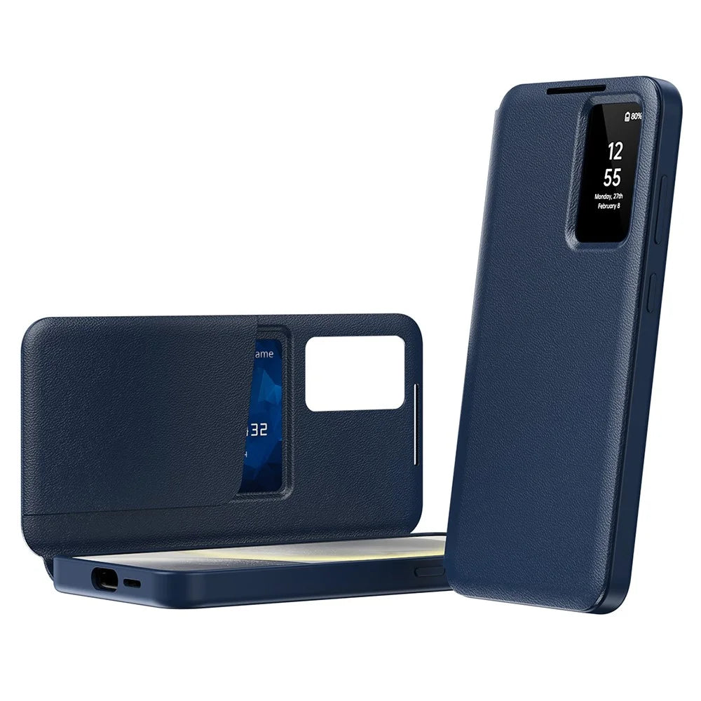 For Samsung Galaxy S22+ 5G Case Leather Phone Cover with View Window Card Slot - Sapphire - 2