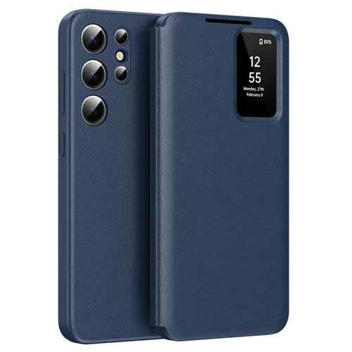 For Samsung Galaxy S22 Ultra 5G Case Leather Phone Cover with View Window Card Slot - Sapphire - 1