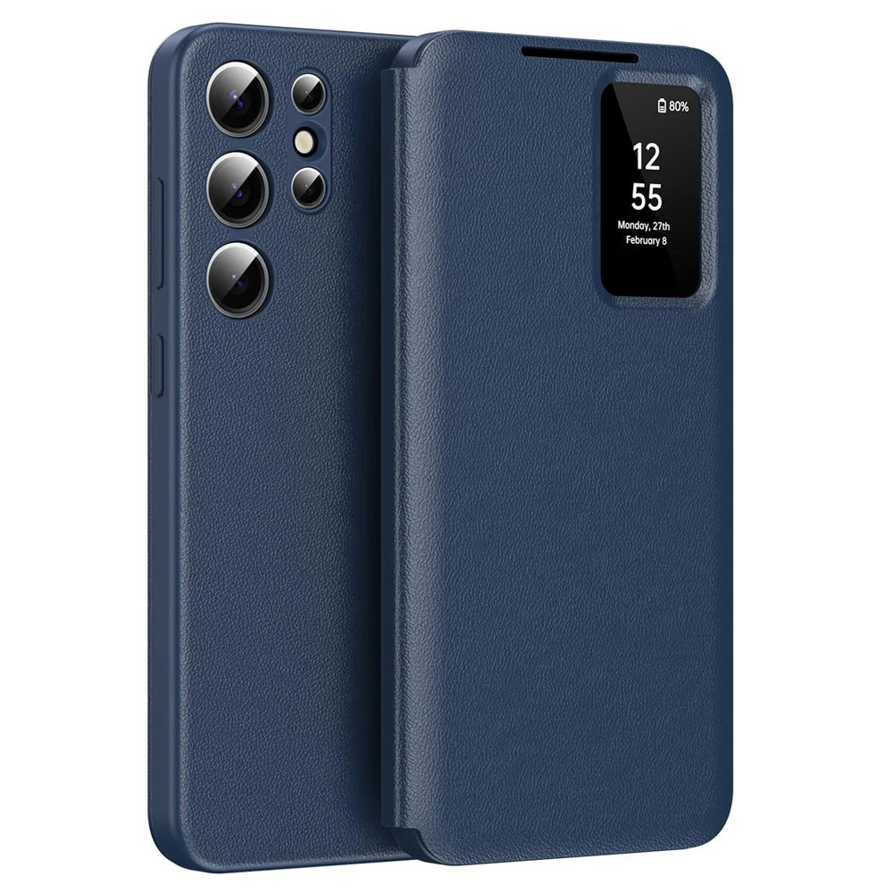 For Samsung Galaxy S25 Ultra Case with Card Holder Smart View Window PU Leather+PC+TPU Phone Cover - Sapphire - 1