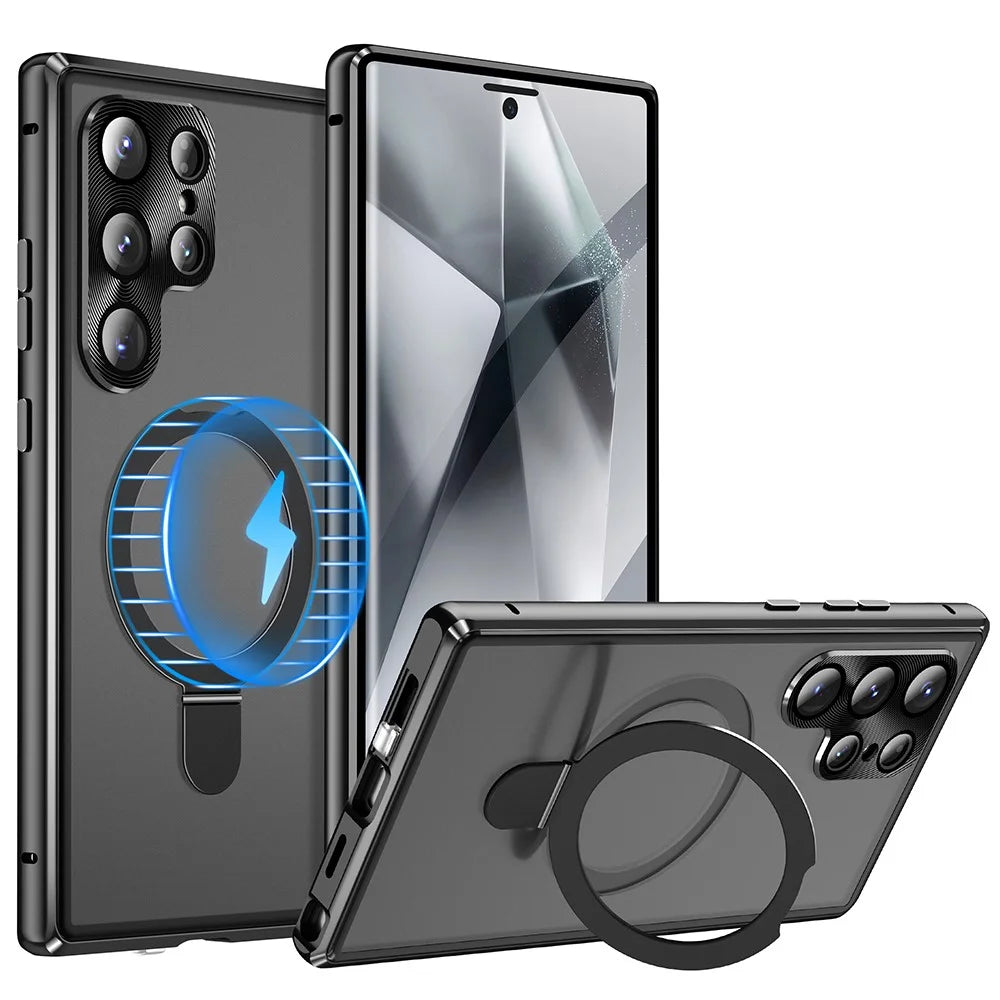 For Samsung Galaxy S25 Ultra Magnetic Case Kickstand Matte PC Cover with HD Tempered Glass Film - Black - 1